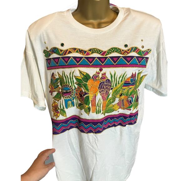 K.W.B.L. Los Angeles White Embellished Novelty T-Shirt One Size Hand Painted - Picture 3 of 9